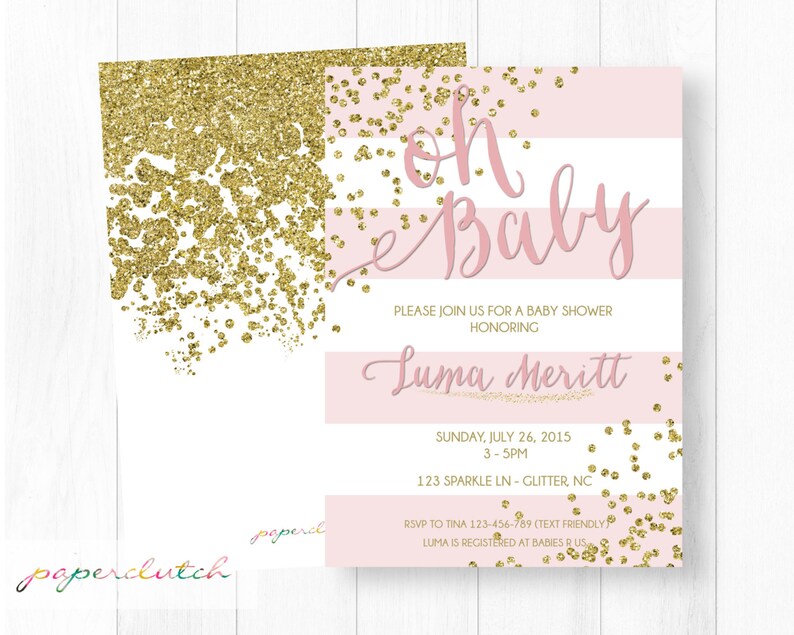 Pink Gold Baby Shower Invitation Gold Glitter Invite Girl Etsy