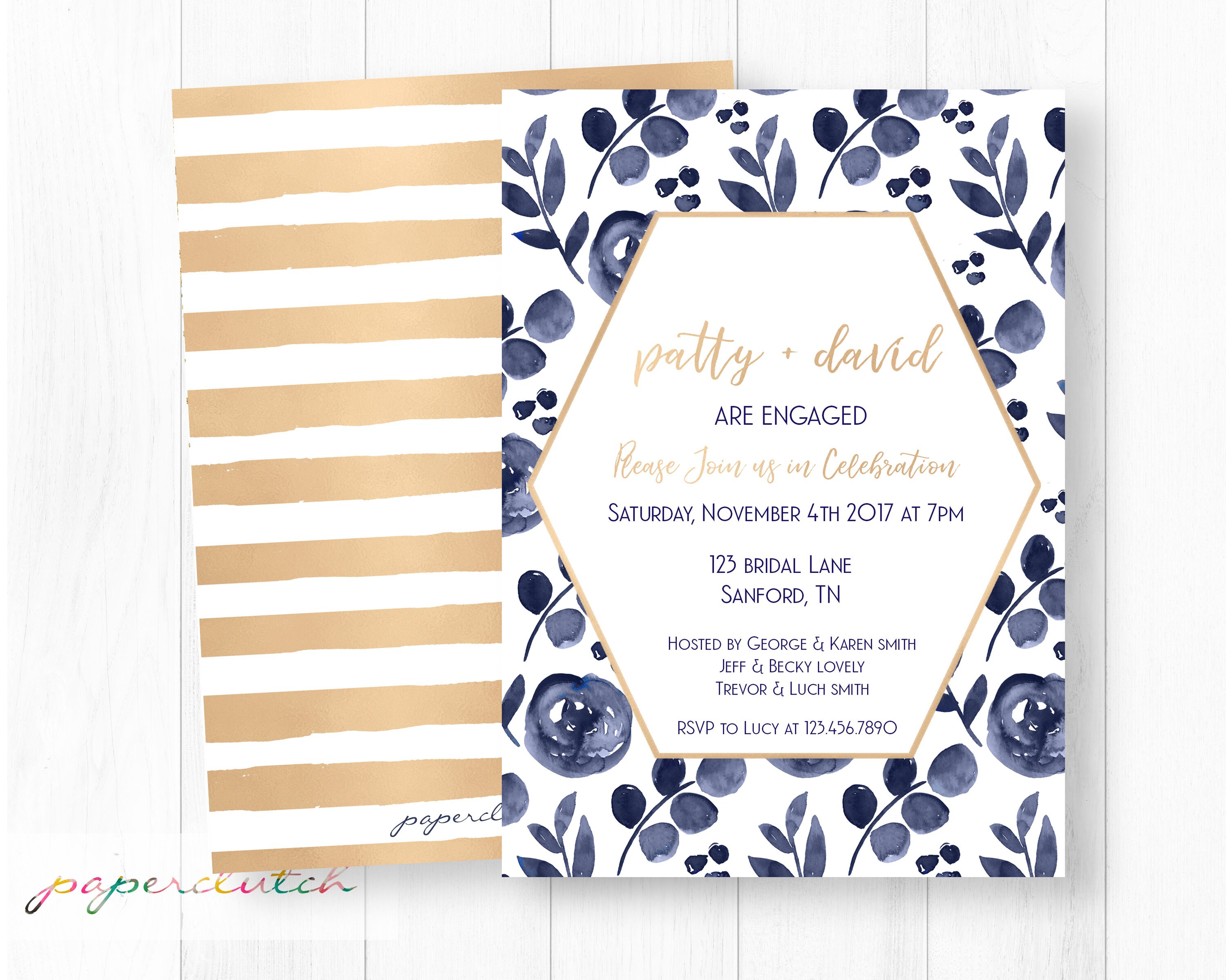 Navy Watercolor Engagement Party Invitation Printable or Printed Navy Invite 0030-N Navy Blue Watercolor Engagement Party Invitation