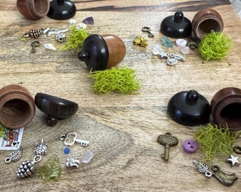 Wooden Acorn Trinket Box Pendant with 7 Charms, Miniatures, Keepsake, Gift, Secret Message Box,  Mini Curiosity Curio Items