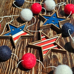 Stars and Stripes 3d Wooden Stars Patriotic Americana Felt Ball Garland, - Handcrafted Red, White & Blue Décor 4th of July Decor