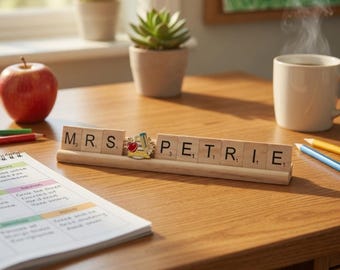 Placa personalizada para profesor con diseño de Scrabble – Letrero de escritorio personalizado con alfiler