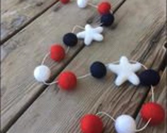 Stars and Stripes Patriotic Americana Felt Ball Garland - Handcrafted Red, White & Blue Décor