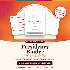 Op de afbeelding: Een digitale planner-set voor de 2026-2027 LDS Young Women-presidentschap, met een voorpagina getiteld Walk With Me, een maandkalender en lesnotities, inclusief een rode ster-badge met de tekst Designed for the New FSY Curriculum.