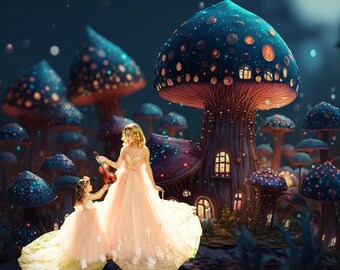 FANTASY Digital Backdrop • Mushroom Fairy House Fairy Party Photography Your Photo Fairy Dress Up Background Blue Mushroom Photo to Print