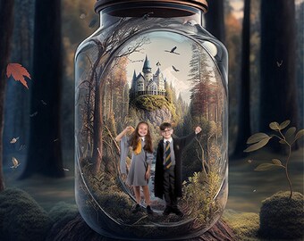 WIZARD Digital Backdrop • Hogwarts Style Backdrop Download Wizard Birthday Party Photography Witch Photo Shoot Fantasy Castle in Jar