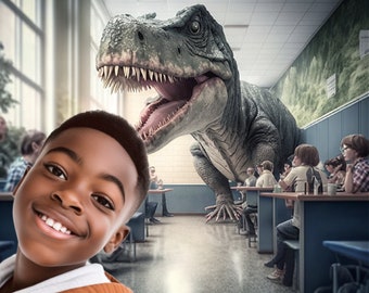 Dinosaur Selfie Backdrop • Digital Download T-Rex in the Cafeteria Selfie Backdrop Trex Fantasy Photo Tyrannosaurus Photography Your Pic