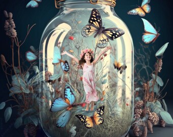 BUTTERFLIES Digital Backdrop • Butterfly Download Fantasy Butterflies in Jar Your Photo Butterfly Photography Session Spring Garden Print