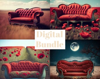 RED Velvet SOFA Backdrop Bundle • Photo Digital Download Composite Photography Red Velvet Couch in Field Poppies Photographer Background