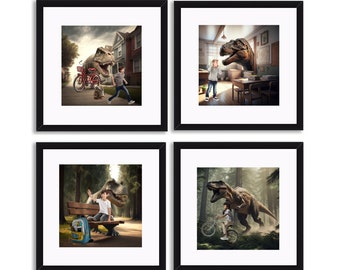 FOUR Framed DINOSAUR Personalized Prints T-Rex With YOUR Photos Added - Tyrannosaurus Rex Photography Backdrop Framed Print Set Gift for Him