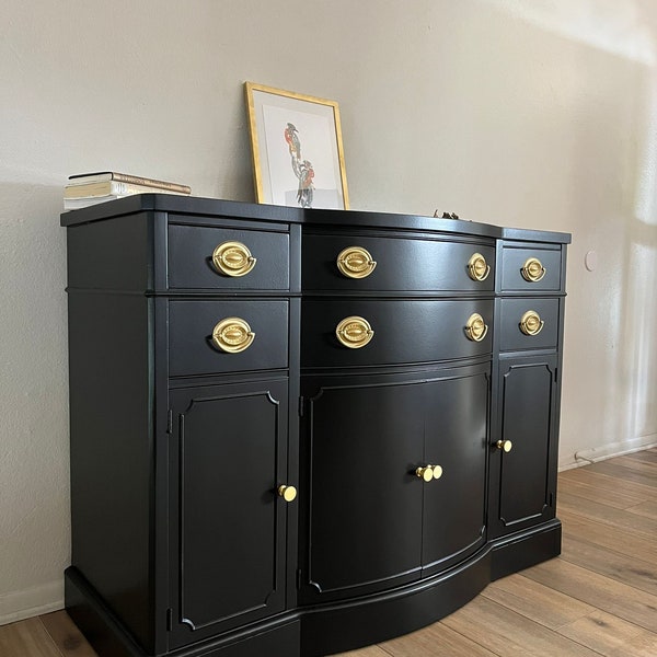 refinished buffet, sideboard, Drexel, refinished dresser, black buffet, solid wood, restored dresser, handpainted furniture