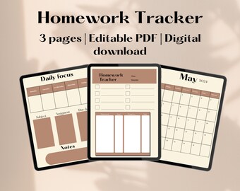 Brown Homework Tracker - Calendar - Digital Download - 3 pages