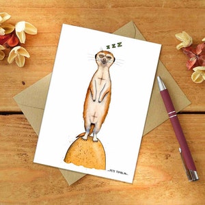 Schläfrige Erdmännchen Grußkarte nach einem originalen Aquarellbild eines zeitgenössischen Künstlers