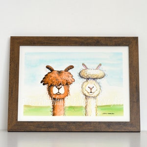 Stampa originale ad acquerello di alpaca umoristici, "Bad Hair day", di artista contemporaneo su carta fine art testurizzata, non montata e senza cornice