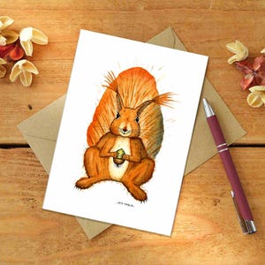 Biglietto d'auguri con scoiattolo rosso per molte occasioni, tratto dall'originale acquerello "Snacktime!" di un artista contemporaneo