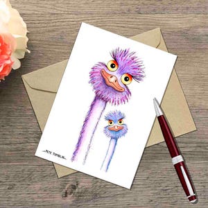 "Lustige Strauß Grußkarten ""I'd stecken My Neck Out for You"" , nach einem Original Aquarell von mir."