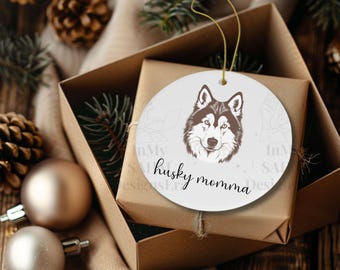 Husky Keramik Ornament, Siberian Husky Weihnachtsdekor, anpassbares Weihnachtsgeschenk, doppelseitige Verzierung, personalisiertes Hundegeschenk, Husky Geschenk