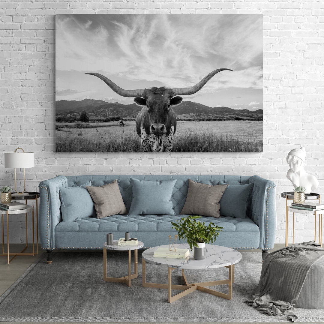Texas Longhorn Cow Extra Large Wall Art Farmhouse, Living Room Art
