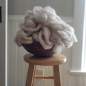 May include: A white fluffy pile of wool yarn in a woven basket sitting on a wooden stool.