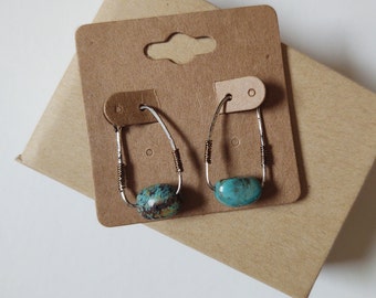 Turquoise Nugget Rectangle Hoops - Antiqued Brass