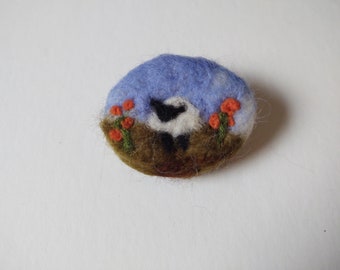 Felted Sheep Pin - Lone Sheep with Blue Sky & Orange Flowers