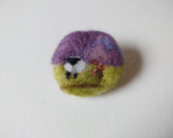 Felted Sheep Pin - Lone Sheep with Purple Sky & orange flower