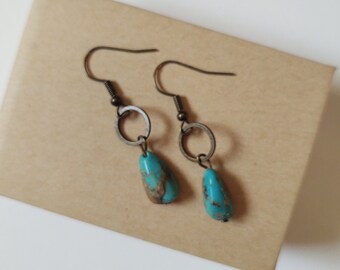 Turquoise Nugget Dangle Earring - Antiqued Brass