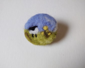 Felted Sheep Pin - Lone Sheep with Blue Sky & Yellow Flowers