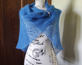 Handwoven Triangle 100% Pygora Shawl Wrap Scarf blue