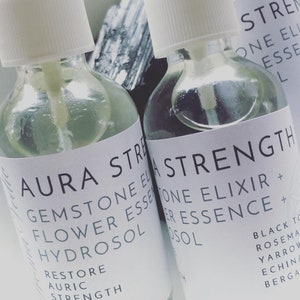 Aura Mist for Strength and Protection with Black Tourmaline Gemstone Yarrow Echinacea Flower Essences in Rosemary Hydrosol
