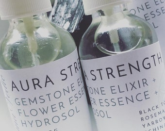 Aura Mist for Strength and Protection with Black Tourmaline Gemstone Yarrow Echinacea Flower Essences in Rosemary Hydrosol