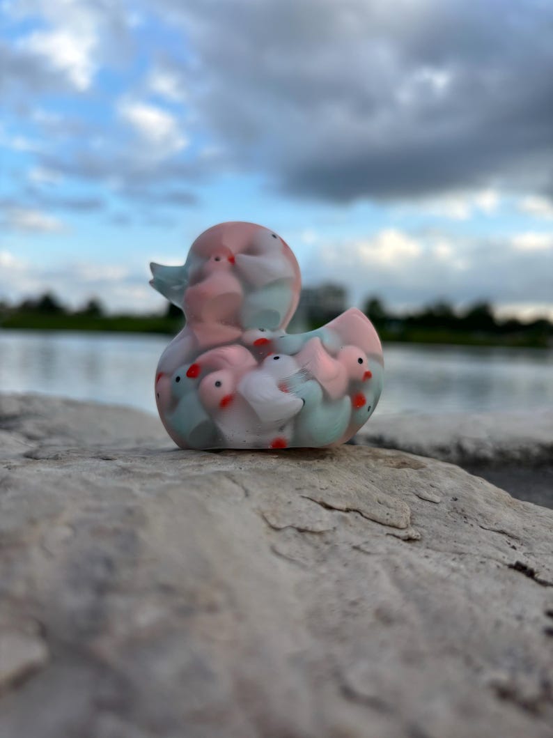 May include: A pink and blue rubber duck with a design of many smaller ducks inside. The duck is sitting on a gray rock.