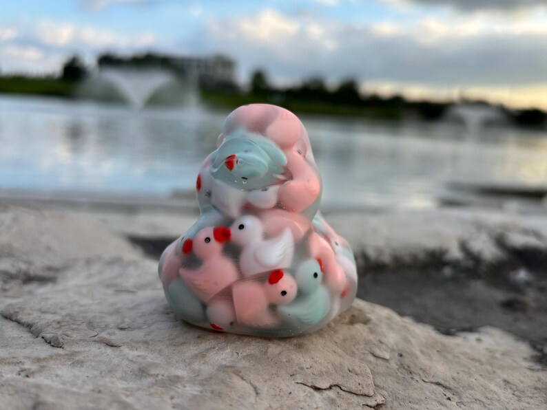 May include: A pink and blue rubber duck with multiple smaller ducks inside. The ducks are all different colors and have red beaks.