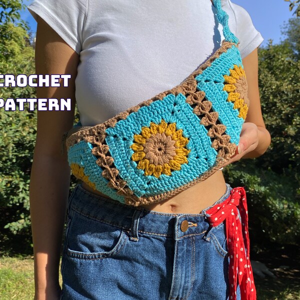 Sunflower Sling Bag Crochet Pattern, Beginner Crochet Boho Crossbody Purse, Fanny Pack Pattern, Granny Square Crochet Pattern, Beginner