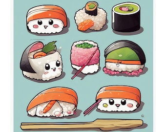 Cute Kawaii Sushi Digital Art Download, Japanese Food Illustration, Printable Wall Decor