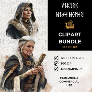 Imágenes prediseñadas de acuarela de mujeres vikingas sabias, ancianas nórdicas PNG, descarga instantánea, uso comercial, manualidades, invitaciones, diario, paquete de imágenes prediseñadas