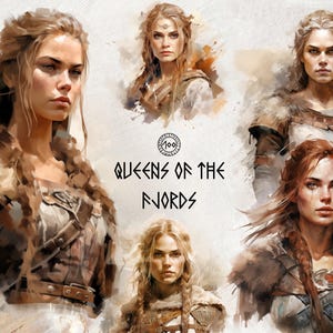 Imágenes prediseñadas de acuarela de mujeres vikingas / 100 archivos PNG de nobles nórdicos / Arte nórdico: descarga instantánea para uso comercial, manualidades, invitaciones y diario