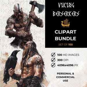 Clipart aquarelle de Berserkers de Viking | 100 fichiers PNG de guerriers scandinaves | Téléchargement instantané Usage commercial, pour travaux manuels, invitations, tenue d'un journal