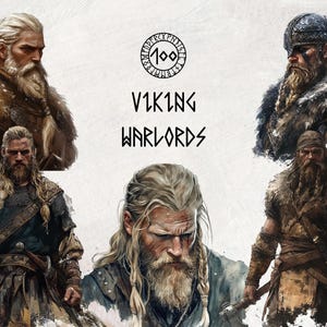 Könnte beinhalten: Eine digitale Illustration von fünf Wikingerkriegern mit langen Bärten und Zöpfen. Die Krieger tragen Fell- und Lederkleidung. Das Bild enthält den Text "VIKING WARLORDS" in der Mitte.