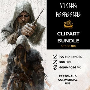Clipart Aquarelle Assassins Viking | 100 fichiers PNG de guerriers scandinaves | Téléchargement instantané Utilisation commerciale, pour travaux manuels, invitations, tenue d'un journal