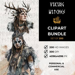 Viking heksen aquarel Clip Art Noorse vrouwelijke sjamanen PNG Instant Download commercieel gebruik ambachten uitnodigingen Journaling clipart bundel