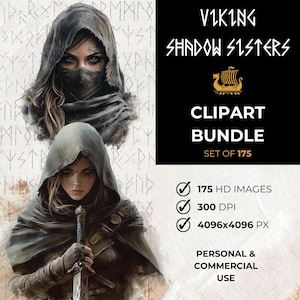 Assassins vikings aquarelle Clip Art femmes coquines scandinaves PNG Téléchargement instantané usage commercial Artisanat Invitations Journalisation Clipart Bundle