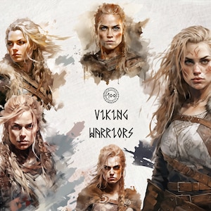 Imágenes prediseñadas de acuarela de guerreras vikingas, paquete de archivos PNG de imágenes prediseñadas de mujeres vikingas, descarga instantánea, uso comercial, para bodas, diario