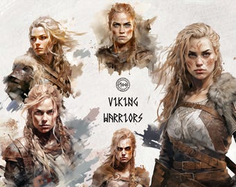 Viking Female Warriors Watercolor Clip Art: PNG Bundle (Digital Download)