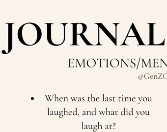 May include: Journal prompts for emotional and mental wellbeing, with questions like "When was the last time you laughed, and what did you laugh at?" and "What embarrasses you?"
