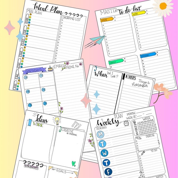 Hand drawn printable planner and useful lists to organize your daily schedule