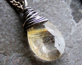 Golden Rutilated Quartz Necklace, Everyday Necklace, Minimalist, Handcrafted Artisan Jewelry, Sterling Silver Necklace, Wire Wrap Gemstones