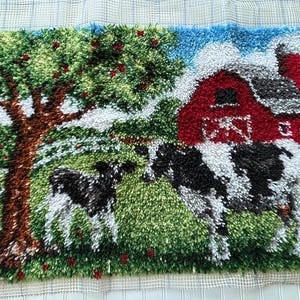 Red Barn Cows Farm Animals Landscape Latch Hook Complete 40 x 26