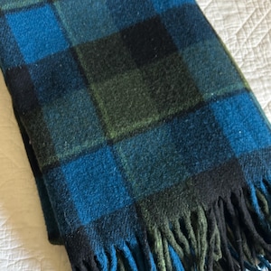 Pendelton Black Watch Plaid Wool Blanket with Fringe for Blue Green Black Vintage