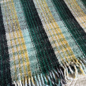 Vintage Plaid Reversible Throw Blanket Greeting Yellow HEAVY WOOL Fringed 60x82