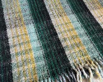 Vintage Plaid Reversible Throw Blanket Green Yellow HEAVY WOOL Fringed 60x82